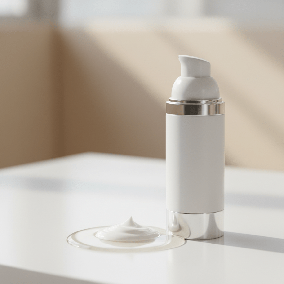 Sleek airless pump bottle of psoriasis cream with creamy serum texture.