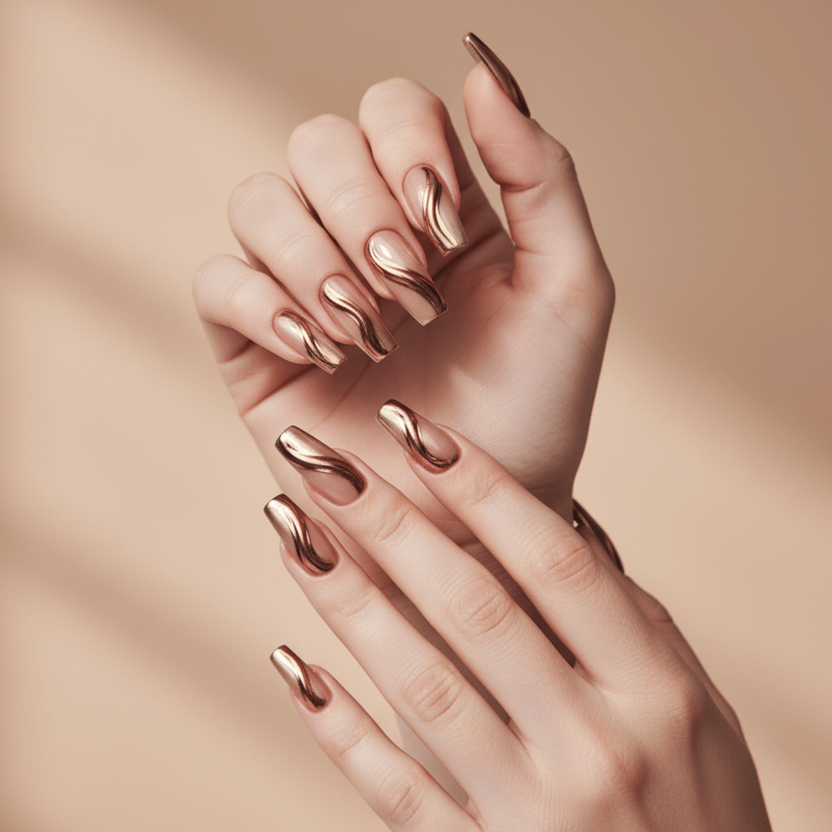 Elegant French nail designs with metallic bronze and gold tips on coffin-shaped nails.