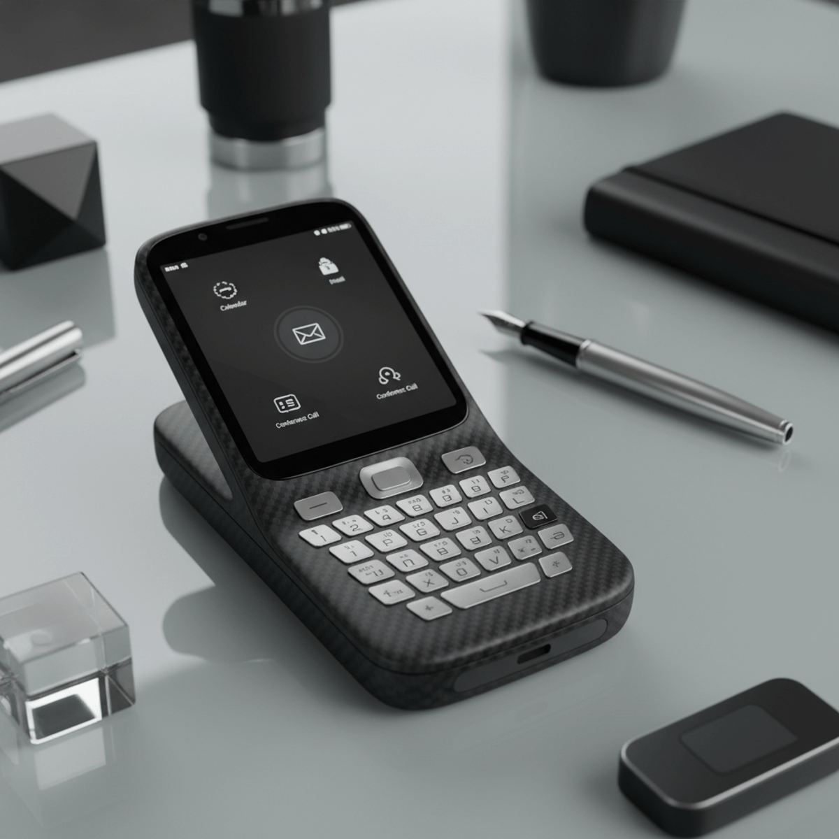 Compact keypad phone with QWERTY keyboard and brushed aluminum keys on a glass desk.