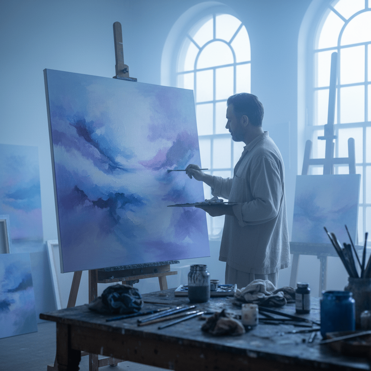 Painter creating abstract art in periwinkle tones with soft morning light.