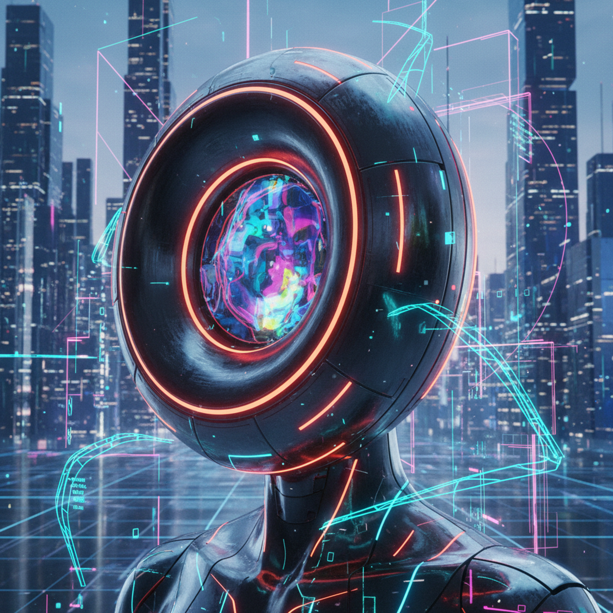 Futuristic avatar with bagel head modification and holographic liquid forehead.