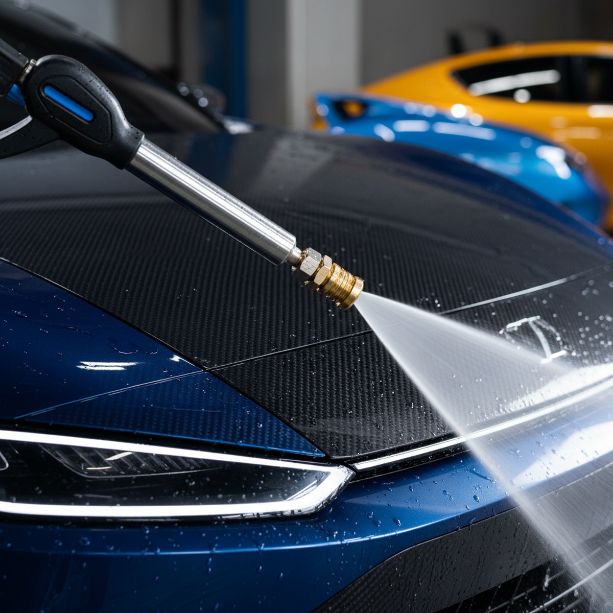 Professional pressure washer sprays futuristic sedan with ergonomic handle and polished swivel.