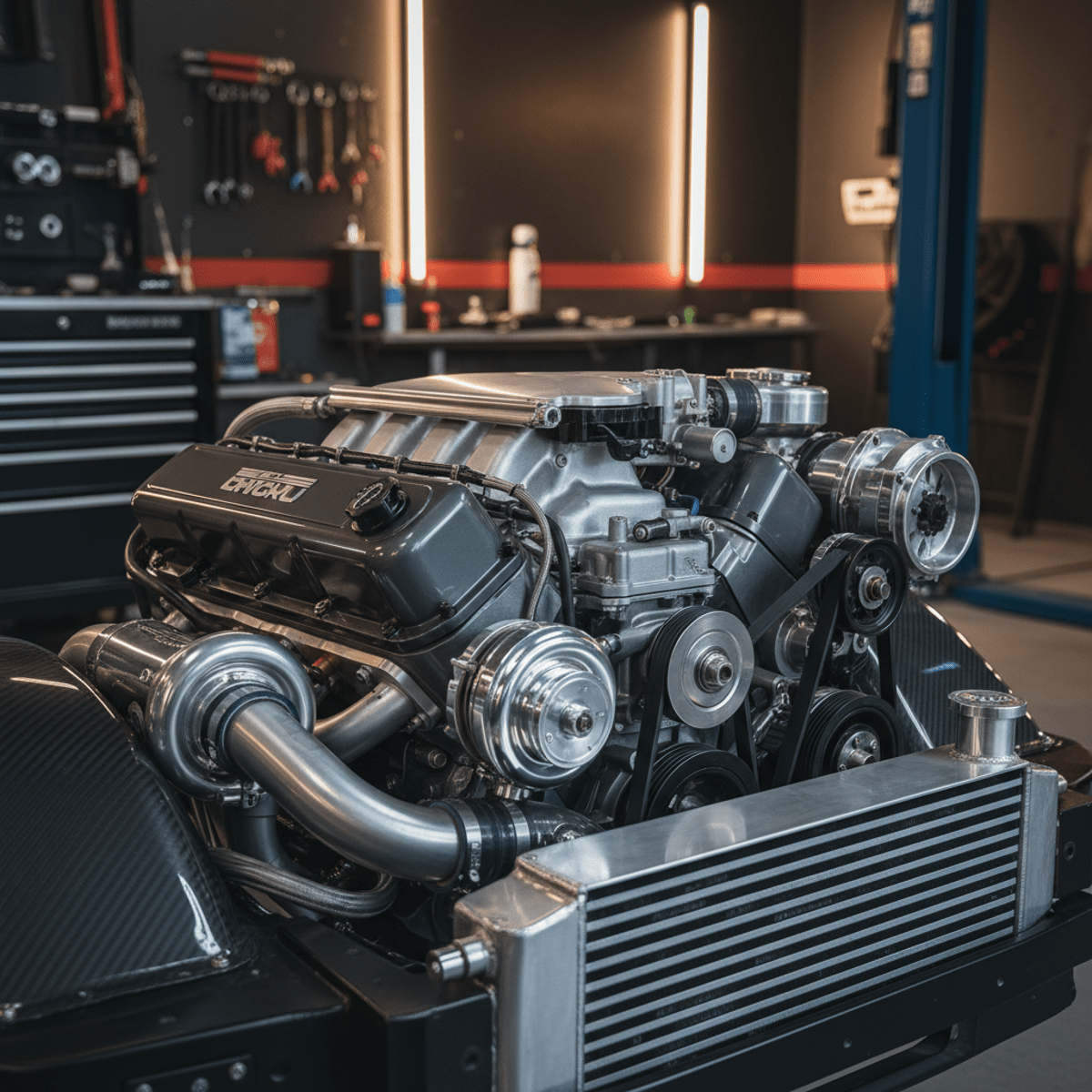 Pristine motor with turbocharger and supercharger in a custom garage.