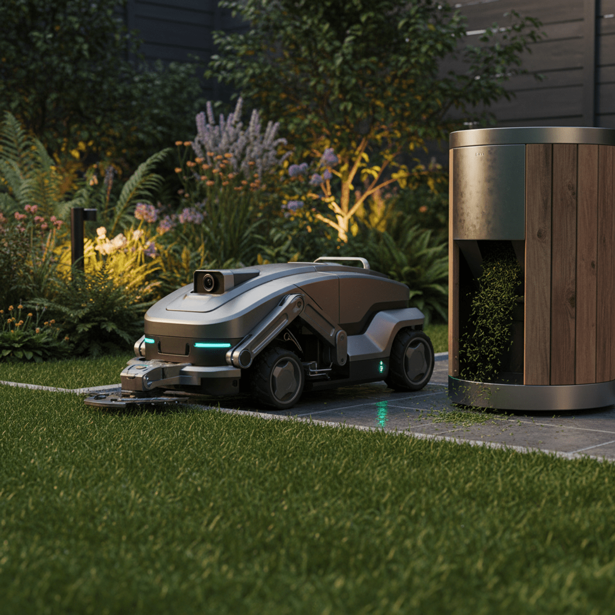 Autonomous whipper snipper robot trims lawn borders at dusk, showcasing gardening technology.