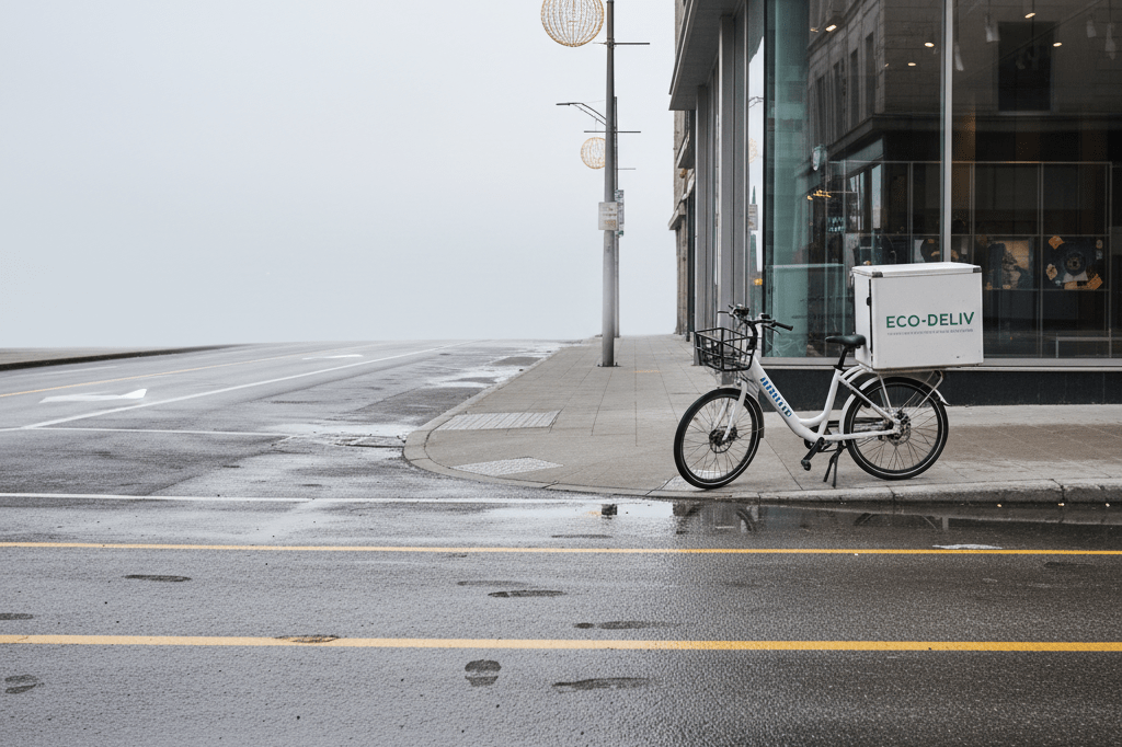 Medium shot of a quiet Montreal city street with parked delivery e-bike and modern storefront, illustrating urban logistics resilience amid transit shutdown
