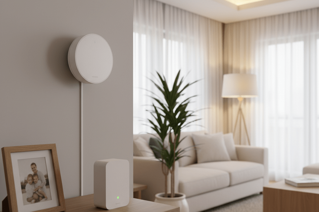Smart smoke detectors and alarms showcased in a warmly lit living space emphasizing home safety