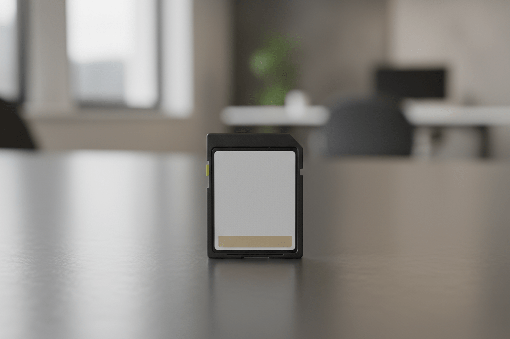 A professional close-up of an unbranded SD memory card resting on a sleek metal desk in an office setting