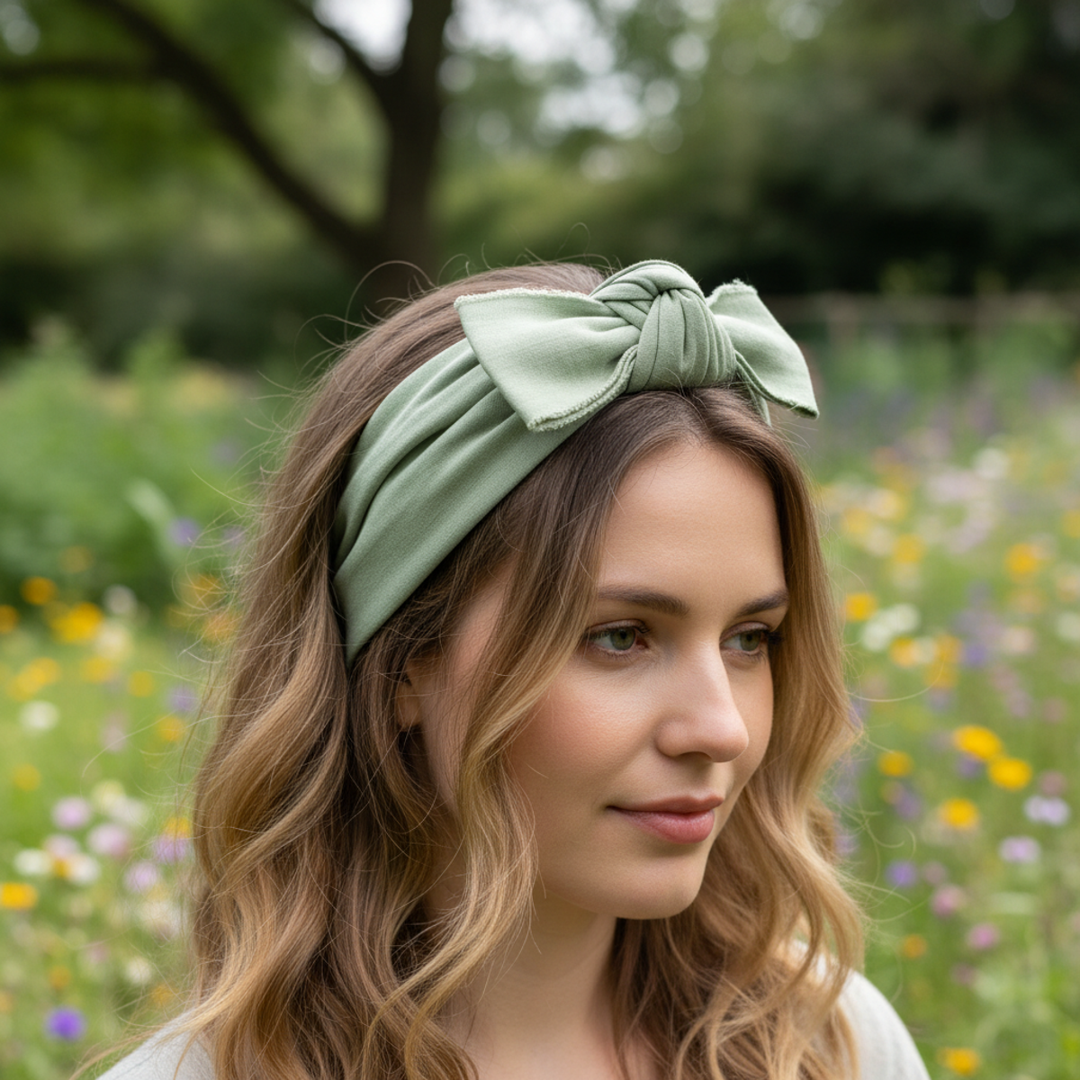 Sage green recycled satin bow headband with organic cotton, dyed with avocado pits.