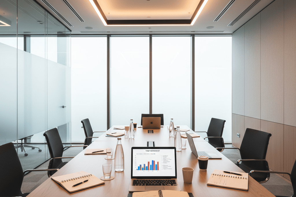 Wide-angle view of organized meeting room with generic charts and supplies under natural and ambient lighting, symbolizing effective workforce strategies