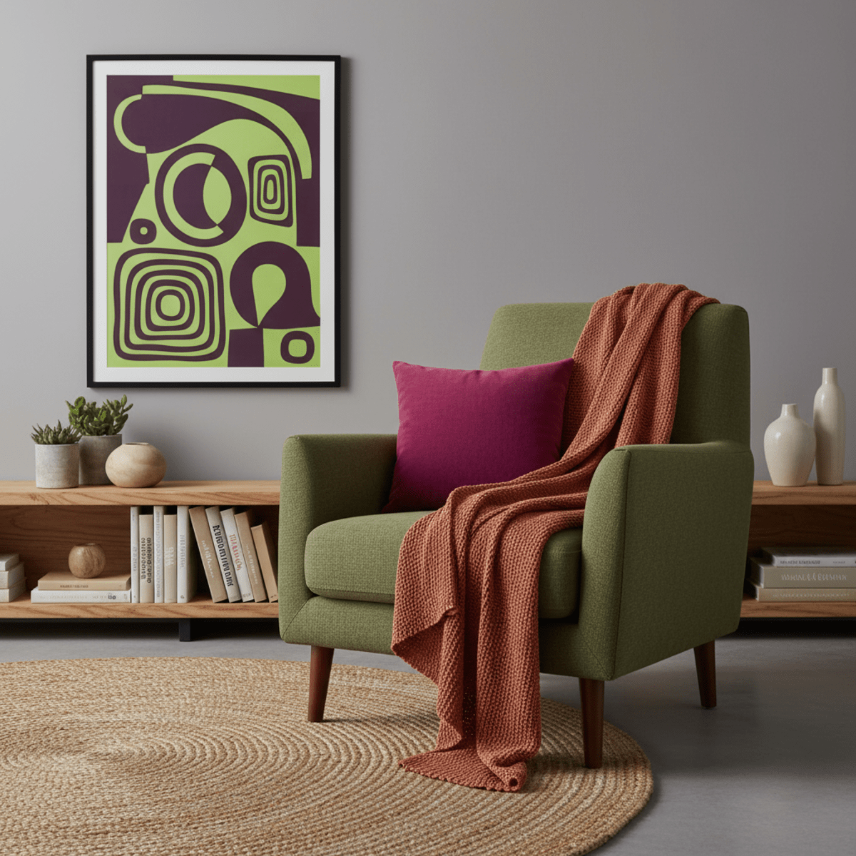 Contemporary minimalist living room with grey walls, olive armchair, and vibrant art.