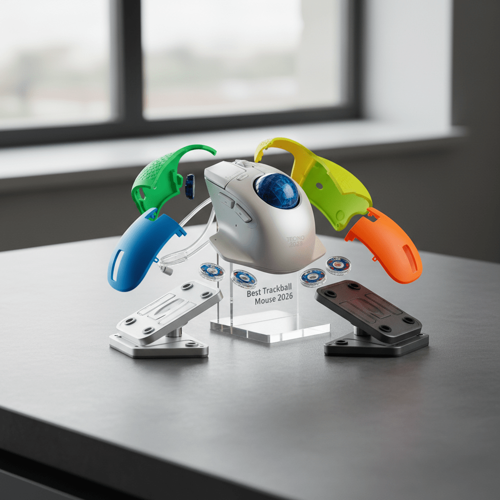 Exploded view of a modular trackball mouse with interchangeable colorful parts.
