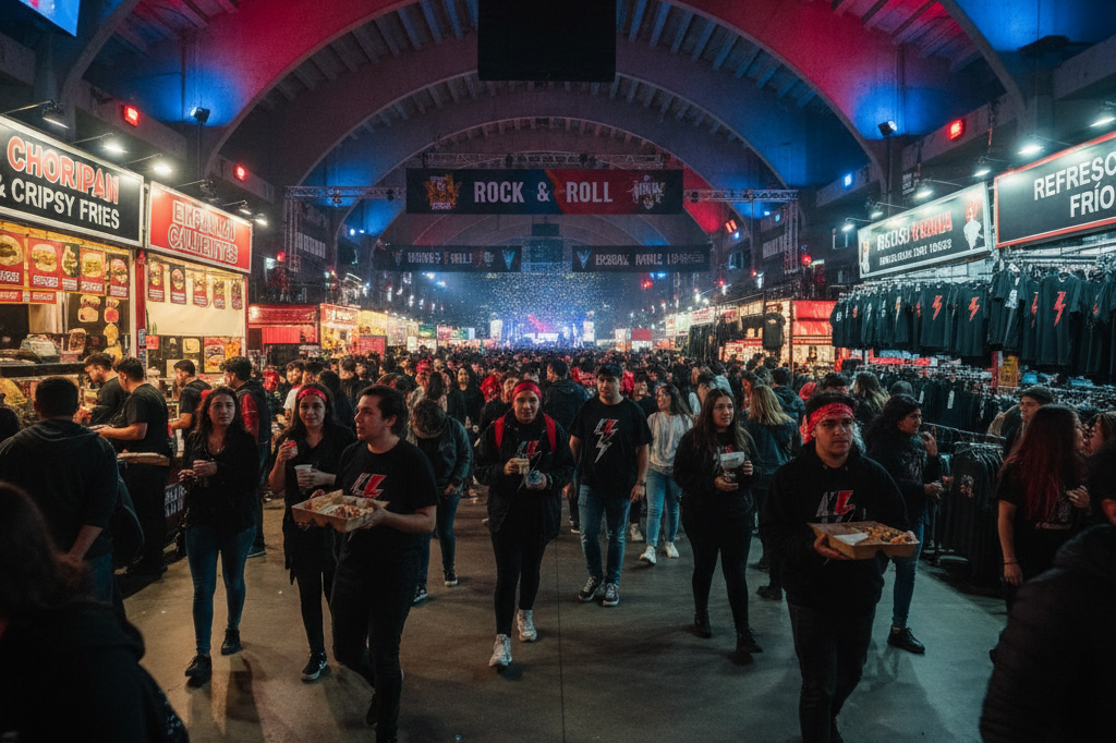 Bustling stadium concourse during major concert event in Buenos Aires Wide-angle view of lively stadium area with vendors, merchandise, and fans under ambient lighting, symbolizing entertainment-driven commerce