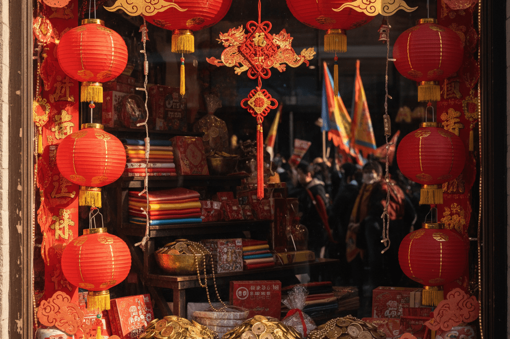 Shop window filled with red lanterns and gold coins under warm light, symbolizing parade-driven sales growth