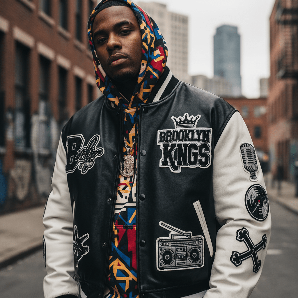 Oversized black leather bomber jacket with white sleeves and chenille patches.