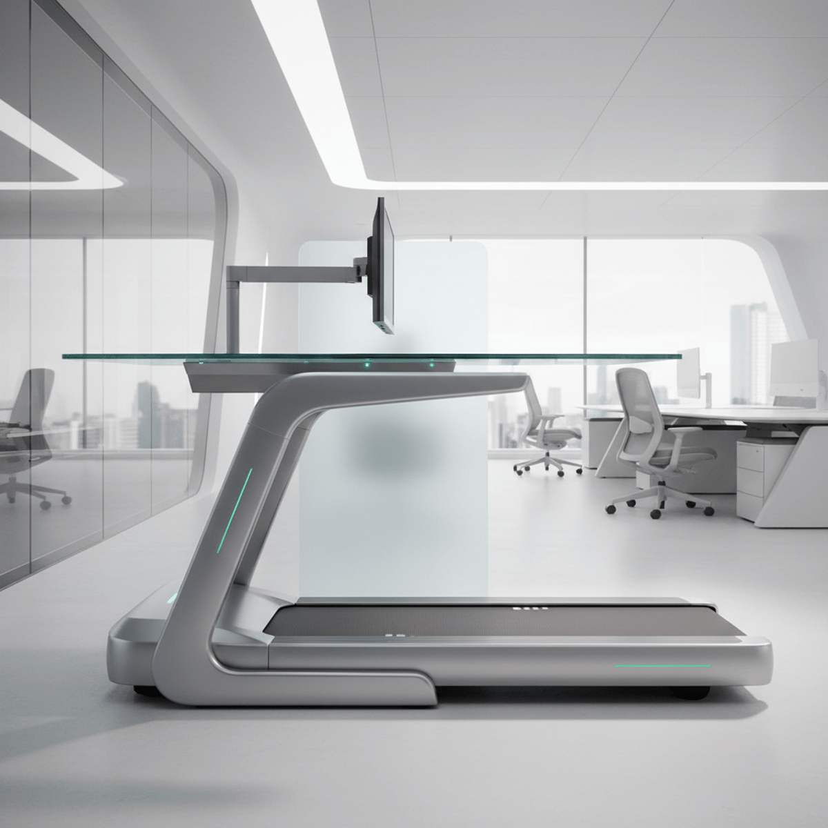 Hyper-minimalist brushed aluminum treadmill under a standing workstation with smart sensors.