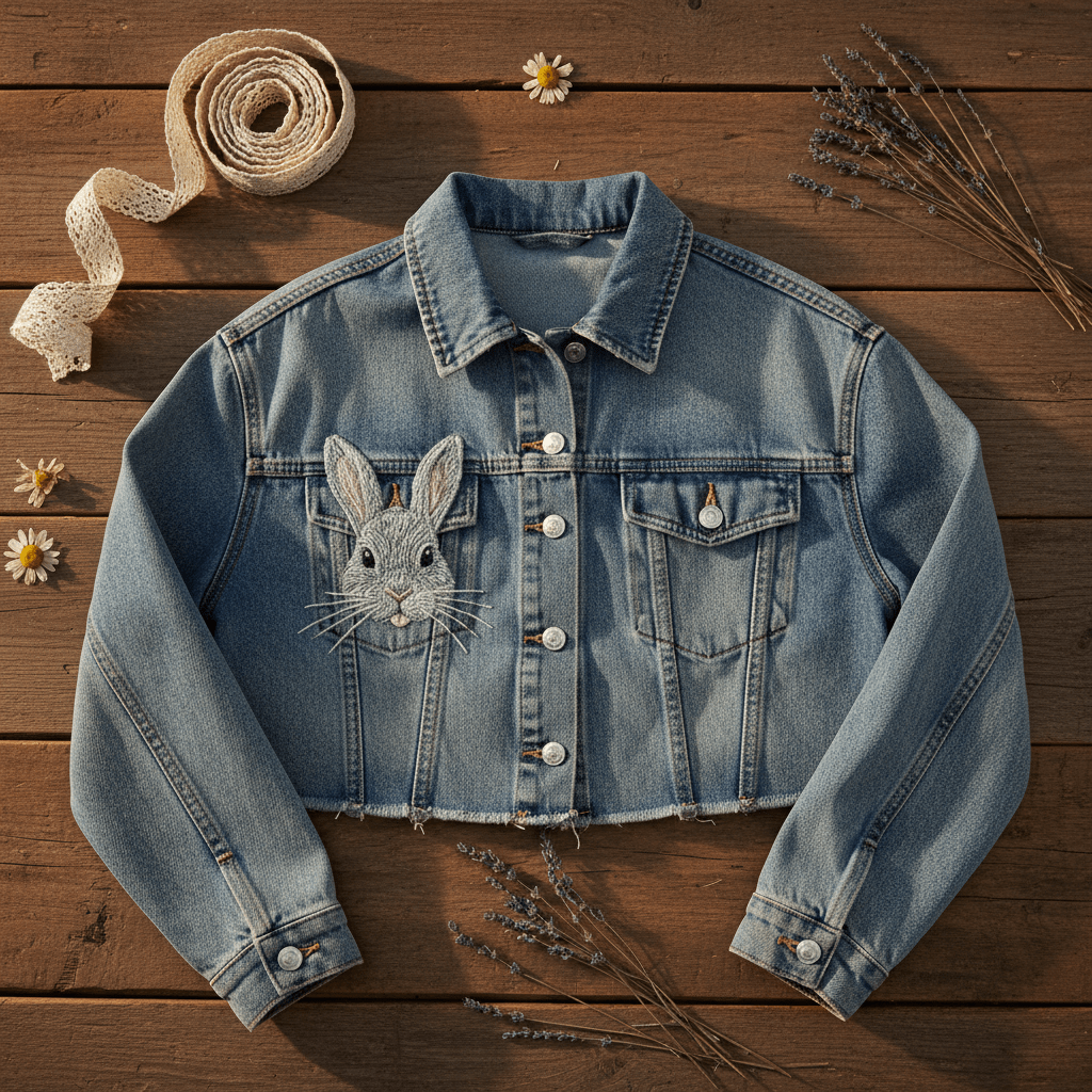 Vintage light blue denim jacket with embroidered bunny detail on rustic wood.
