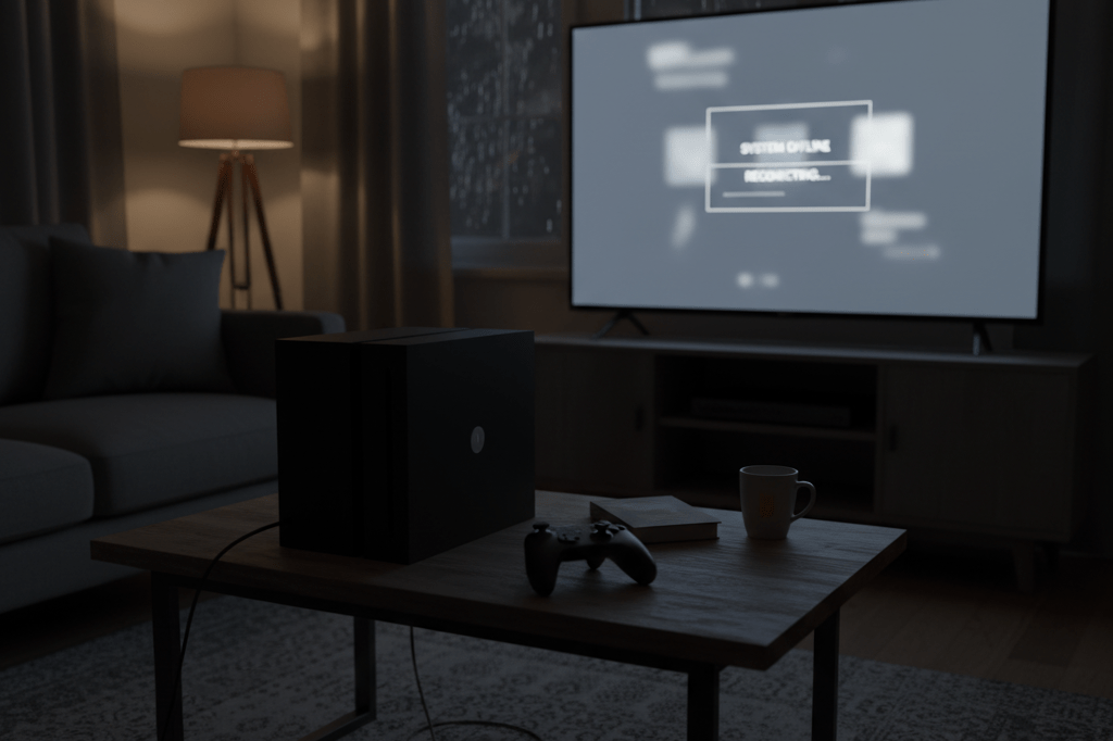 Dimly lit living room featuring a gaming console and paused TV screen, symbolizing digital service interruption