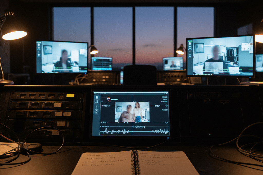 Medium shot of a reality TV control room with glowing monitors and an open notebook labeled consent review, lit by mixed ambient light