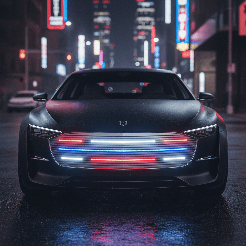 Sleek black futuristic police sedan with glowing LED emergency lights on a wet urban street.
