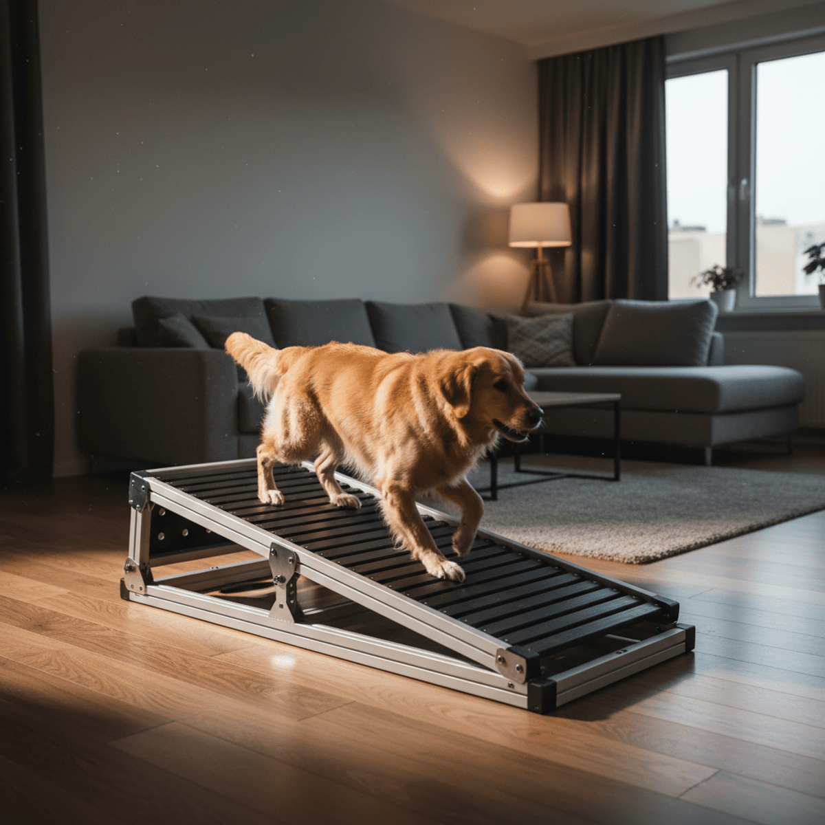 Dog running on a compact vertical-fold treadmill in a modern apartment.
