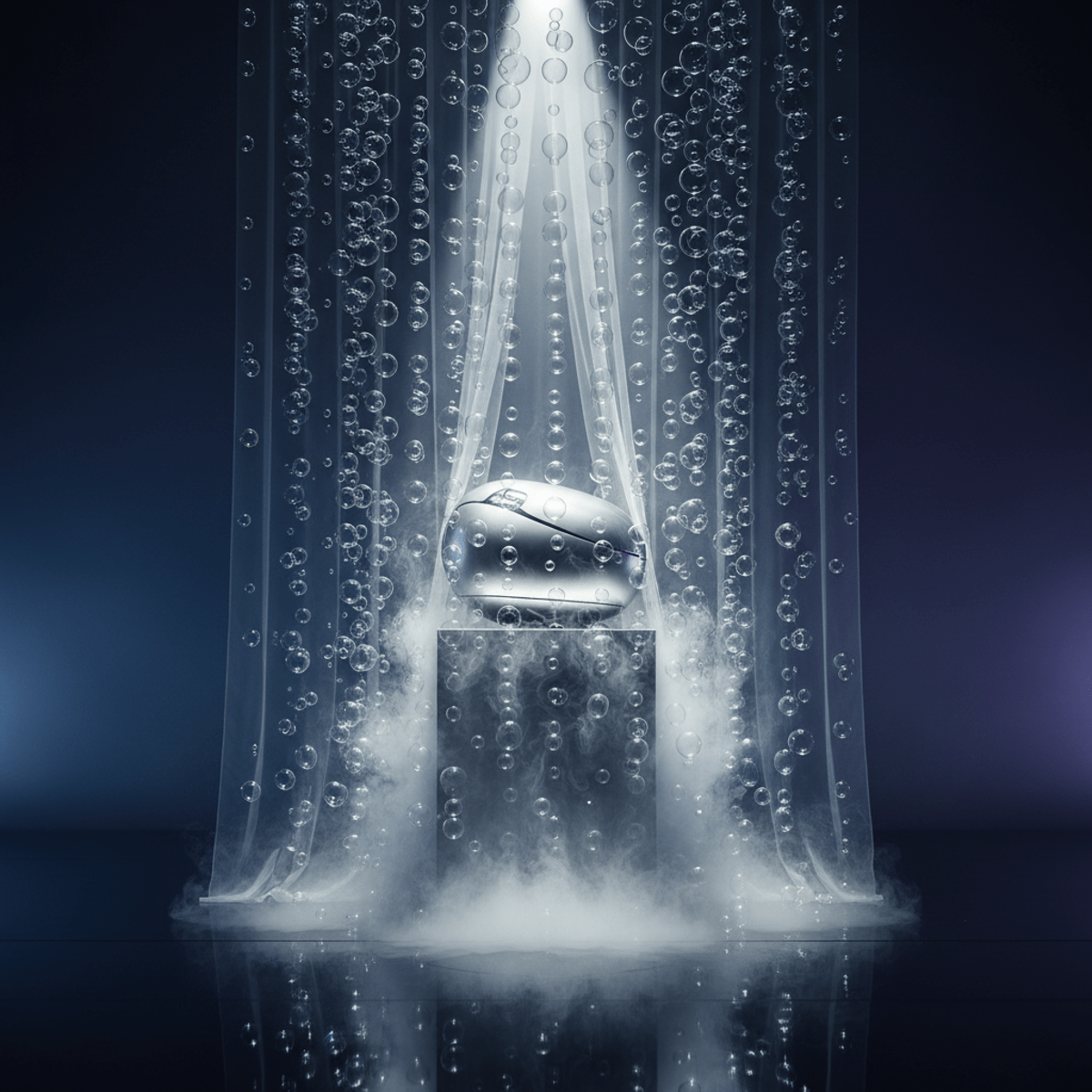 Sleek metallic object revealed behind a curtain with shimmering fog bubbles.