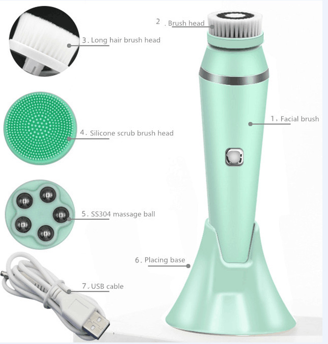 2020 New 4 in 1 Rechargeable Waterproof facial Cleansing brush with massager head