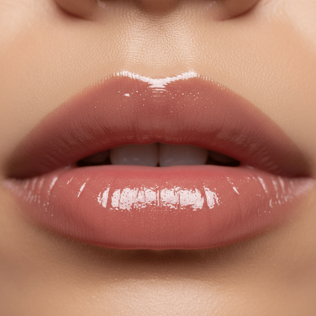 Extreme close-up of wet, mirror-like Korean lip gloss on smooth lips.