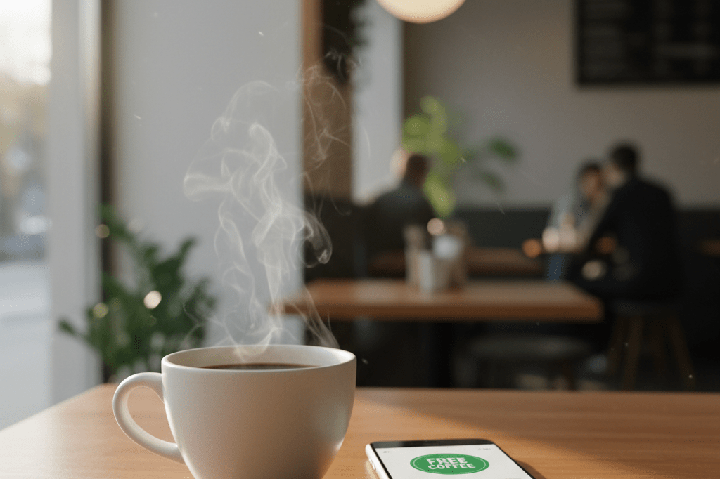 Steaming coffee cup next to smartphone displaying a 'Free Coffee' reward badge on a warm wooden table in natural light