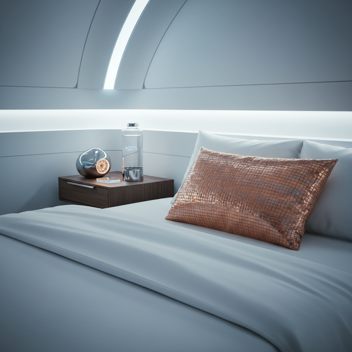 Futuristic bedroom with shimmering copper pillowcase and smart home technology.