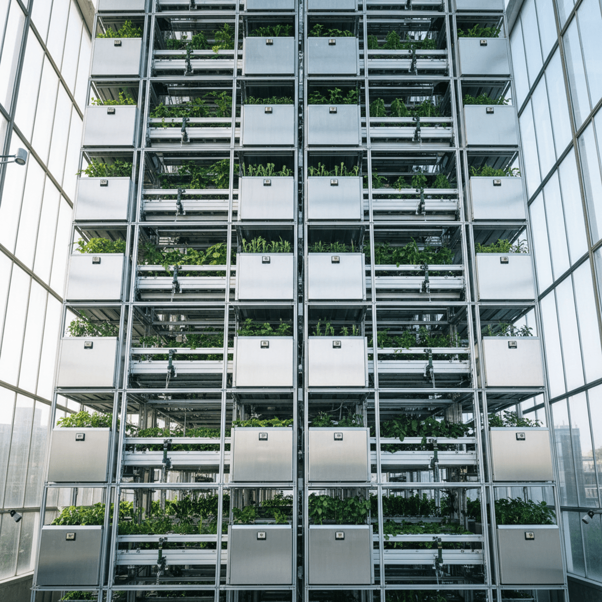 Multi-story urban farm with modular units, hydroponics, and lush greenery.