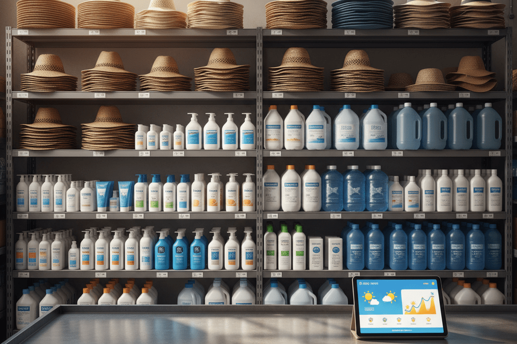 Retail warehouse shelf prepared for upcoming heat wave surge Stocked warehouse shelf with hats and sunscreen under natural light, ready for heat advisory demand
