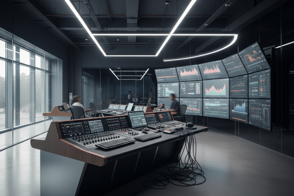 High-tech broadcasting studio setup with glowing monitors and organized equipment reflecting industry advancements