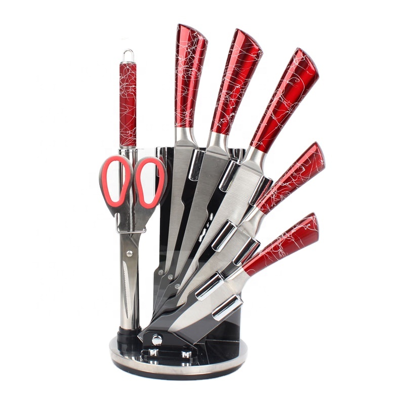 Удивительные инструменты 8 шт. акриловая подставка блестящий красный измельчитель резьба утилита салат шеф-повара ножи из нержавеющей стали набор кухонных ножей