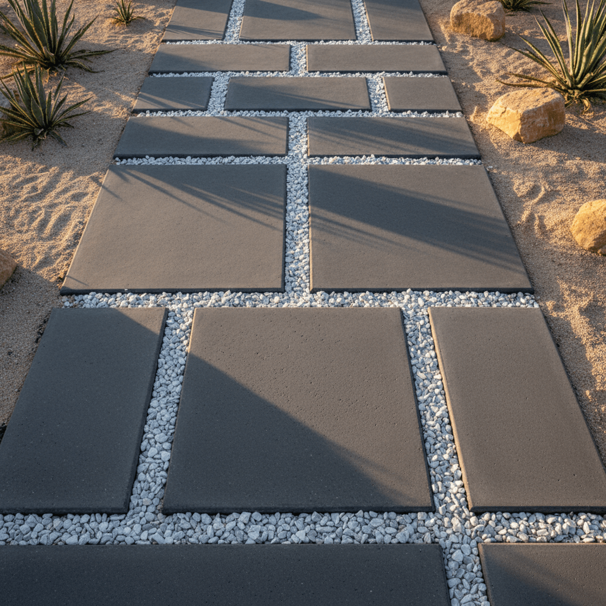 Overhead view of a contemporary walkway with pavers and white marble chips during golden hour.