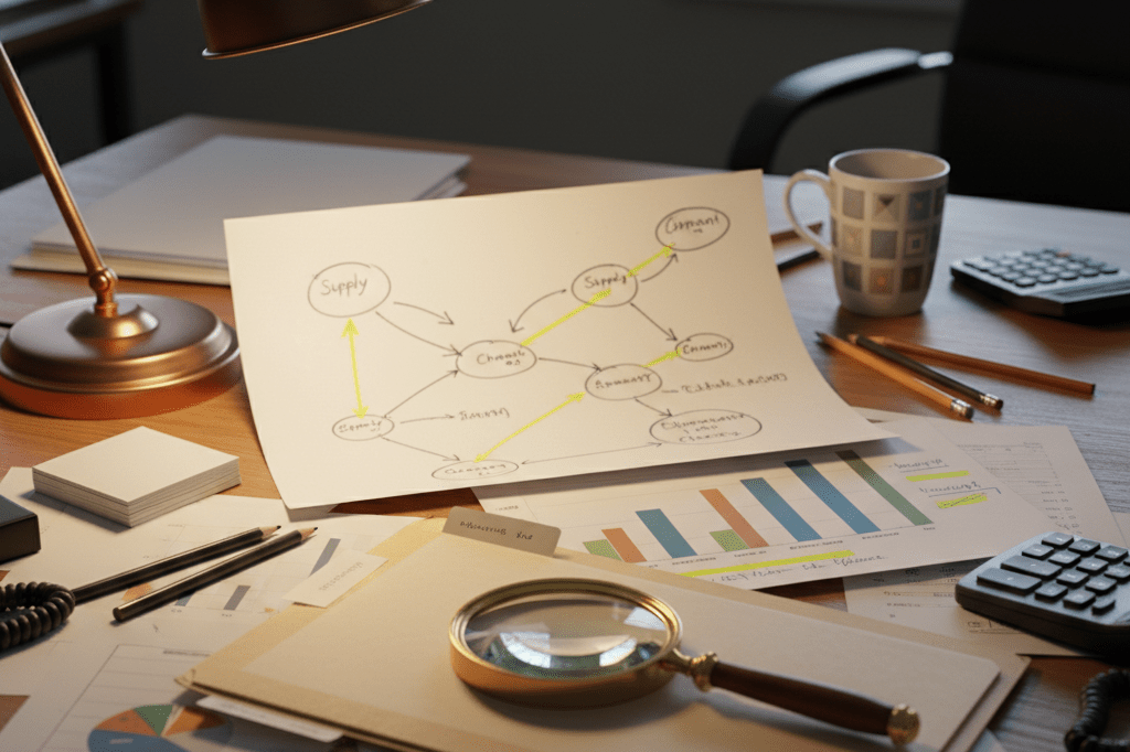Cluttered desk showing market research and supply chain investigation Purchasing manager desk with maps, charts, and magnifying glass under warm light symbolizing due diligence