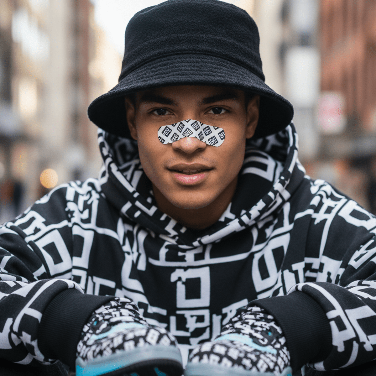 Young model with geometric bandaid, bucket hat, and futuristic sneakers on city street.
