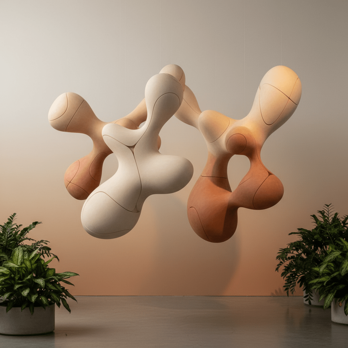 Abstract biomorphic sculptures with smooth curves suspended in a neutral exhibition space.