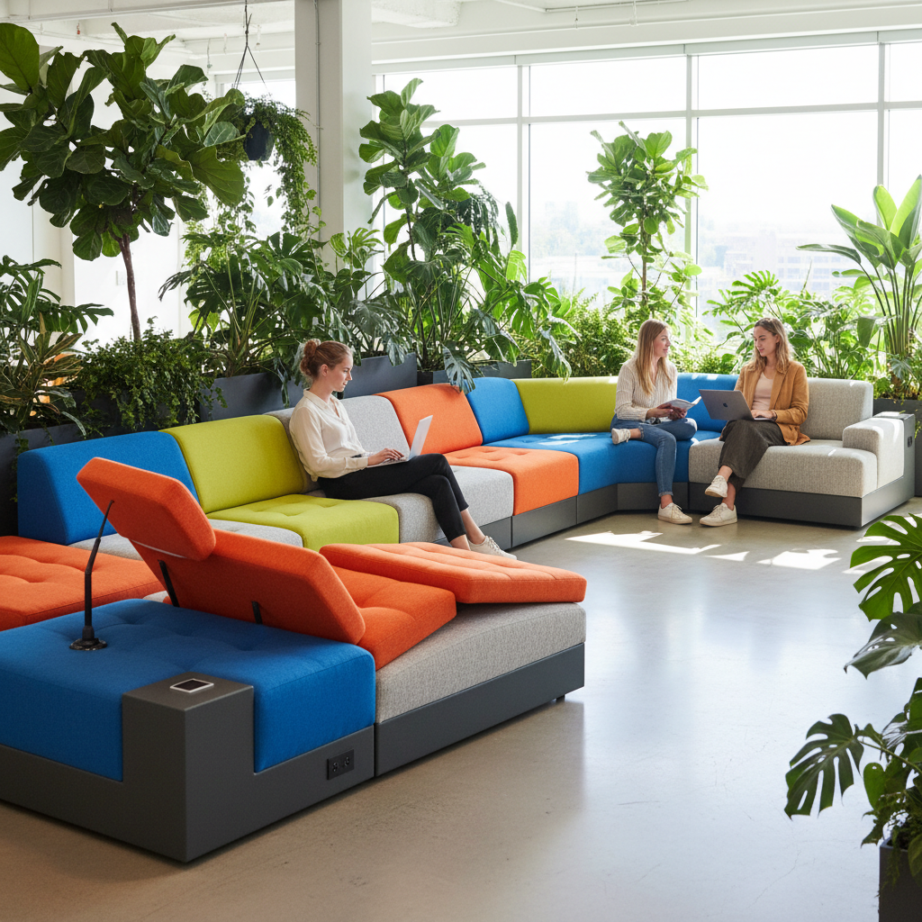 Adaptive modular sofa in a vibrant co-working lounge with colorful accent panels and greenery.
