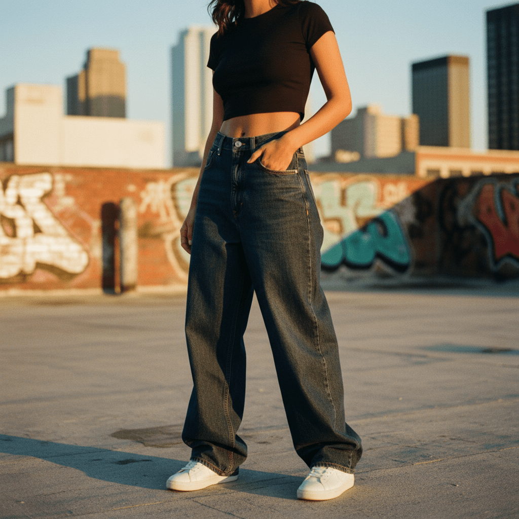 Urban rooftop streetwear with baggy dark-wash jeans and crop top at golden hour.