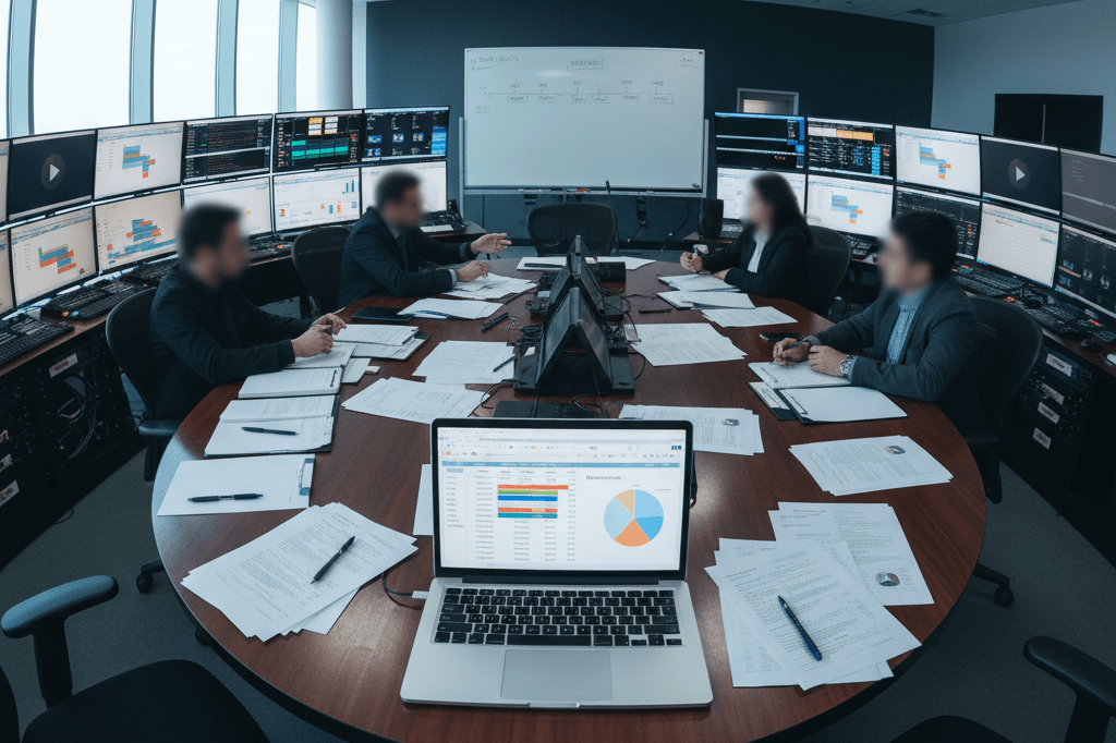 Wide shot of a control room with monitors, documents, and a whiteboard showing timeline adjustments under ambient lighting