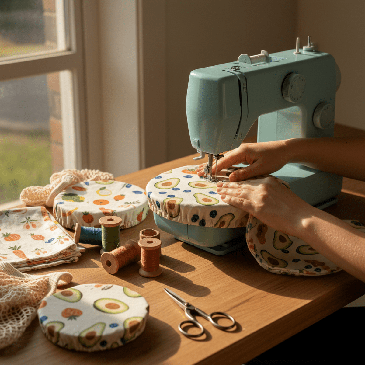 Hands sew colorful organic cotton bowl covers on a sewing machine.
