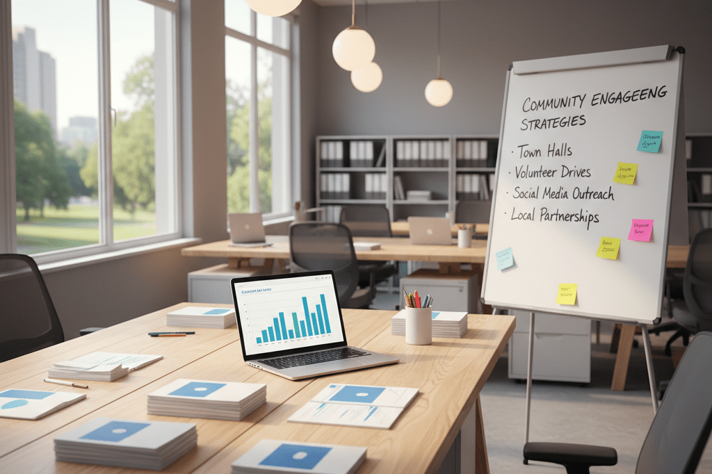 Wide shot of an organized campaign office with pamphlets, analytics charts, and a whiteboard under natural and ambient lighting
