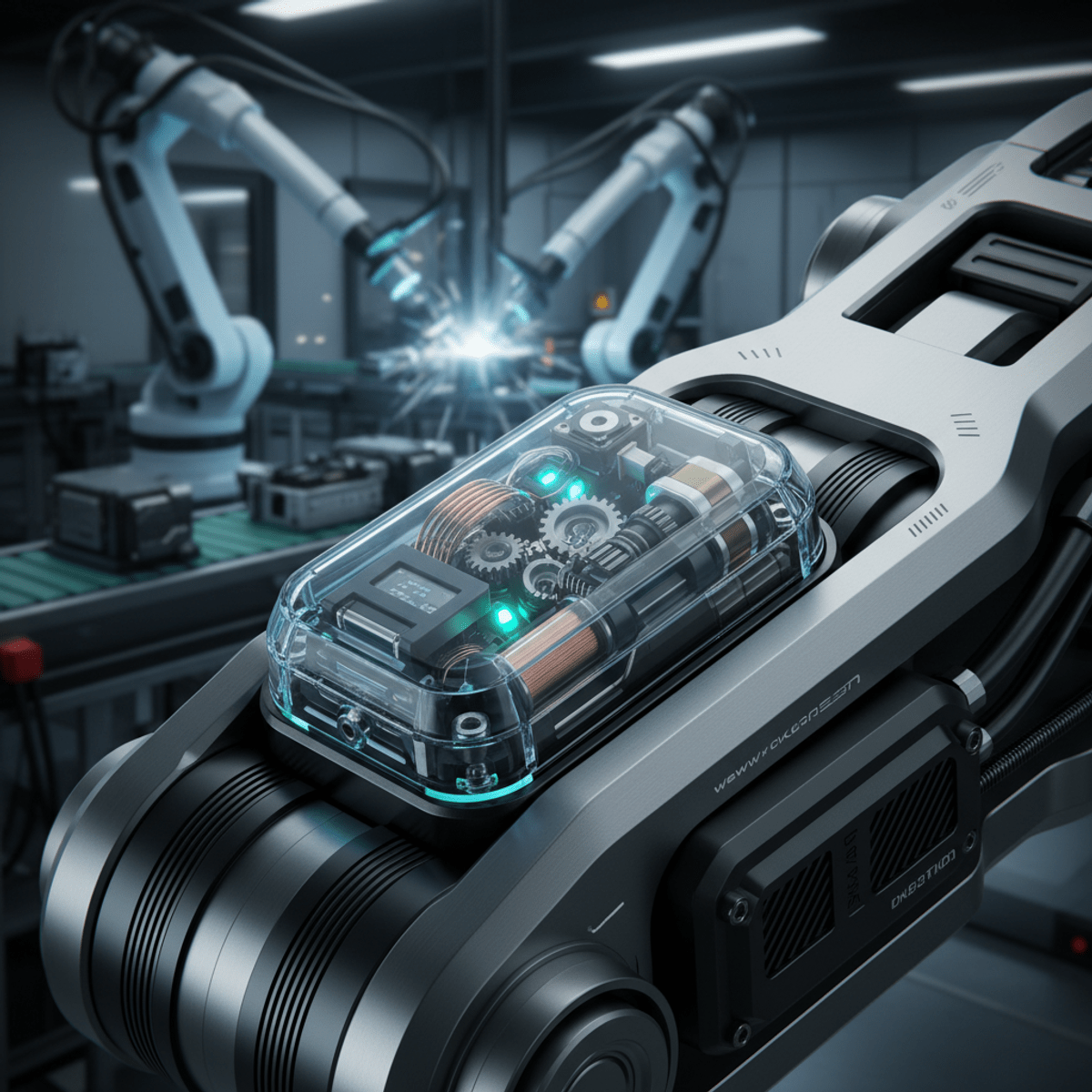 High-tech robotic joint with integrated electric oil pump Advanced electric oil pump integrated into a modular robotic joint with visible internal components.