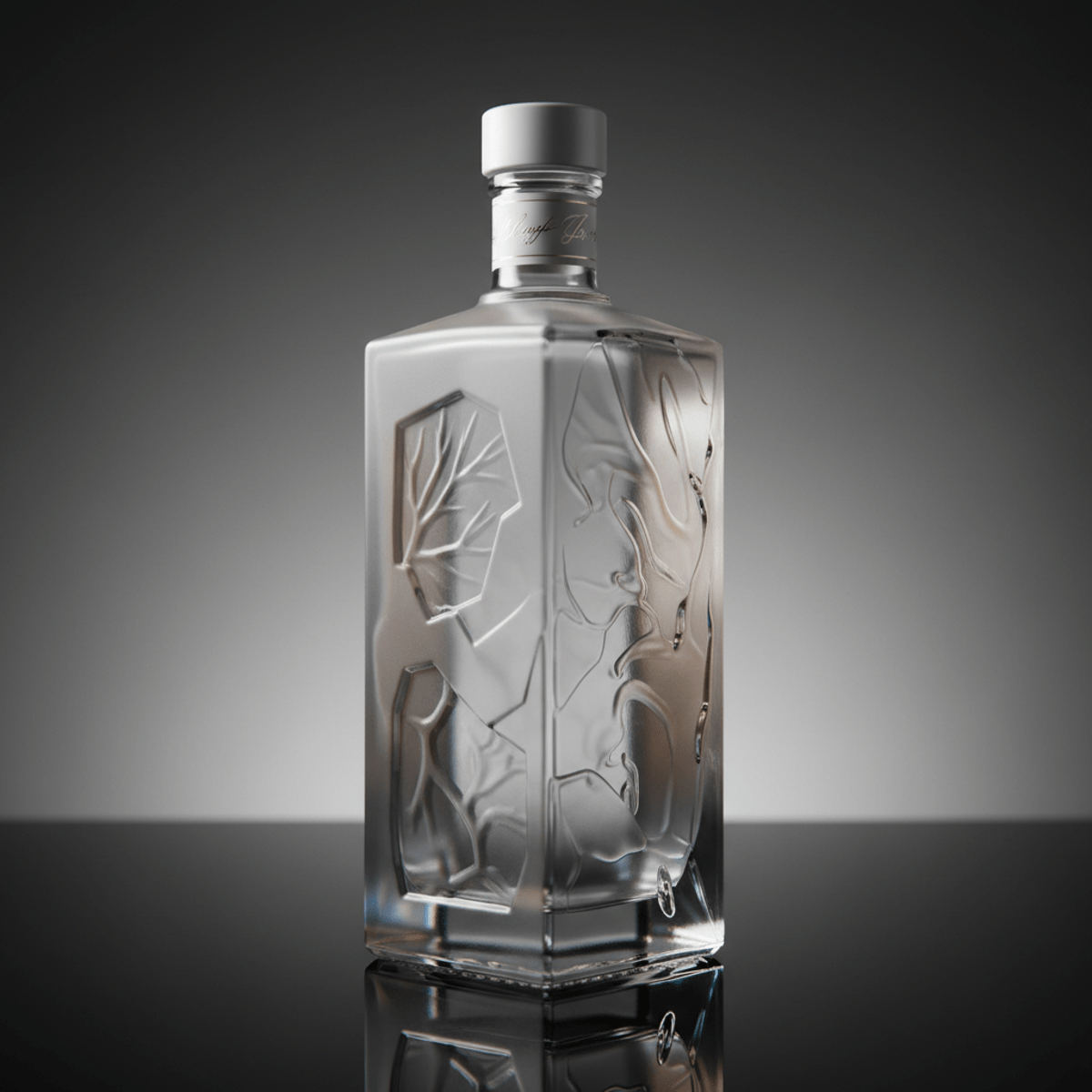 Premium vodka bottle with embossed geometric and nature-inspired glass textures.