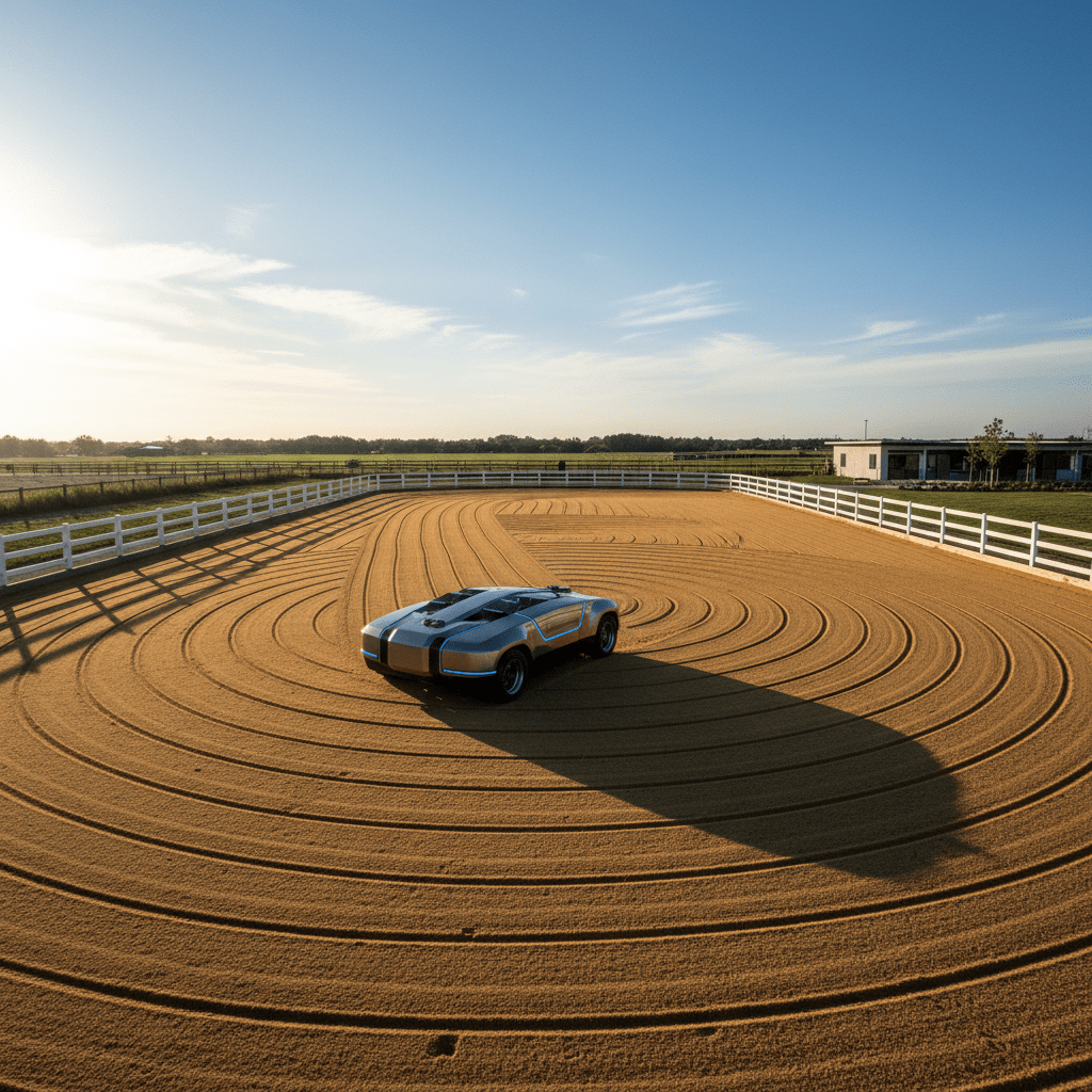 Drone view of autonomous arena drag creating geometric patterns in golden sand.
