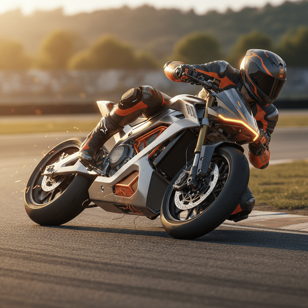 Supermoto bike leans into a corner with slick tires and rubber shreds in golden hour light.