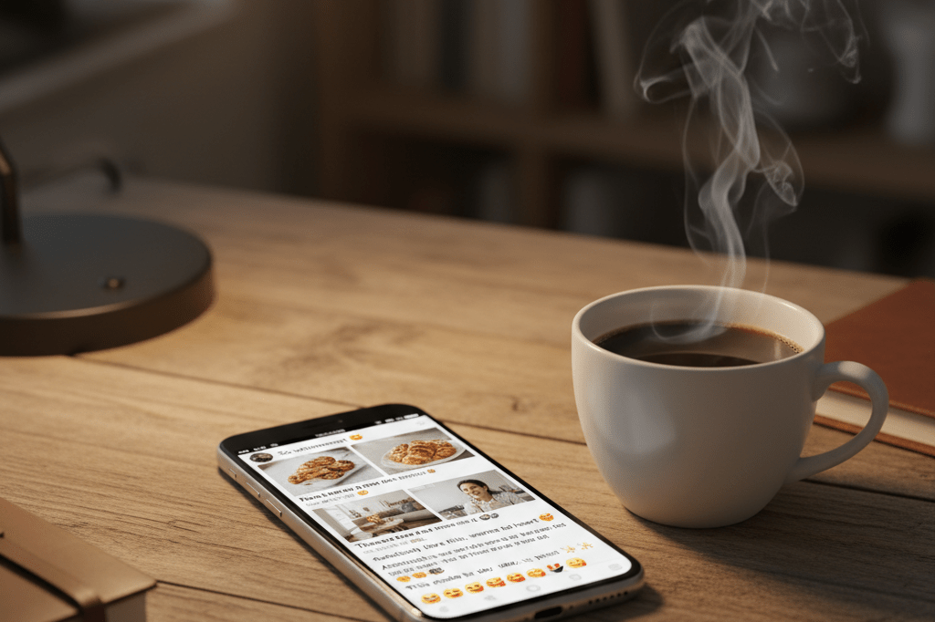 Close-up of a smartphone screen with emotional social media comments and a coffee cup under ambient lighting, symbolizing authentic audience connection