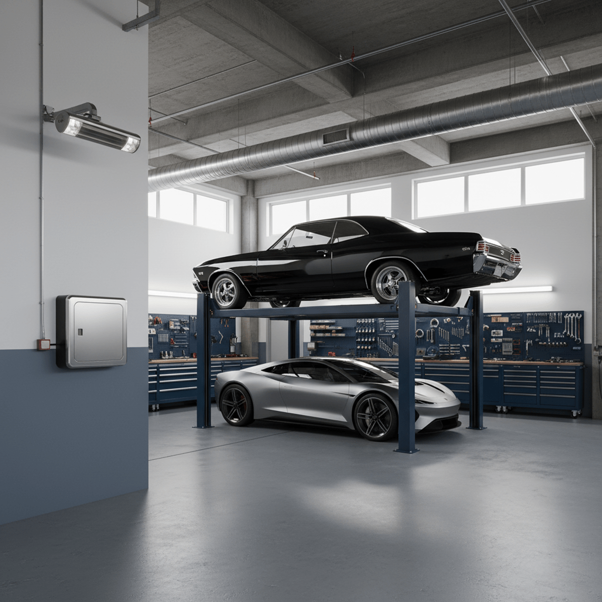 Modern workshop with vintage car on lift, organized tools, and epoxy floor.
