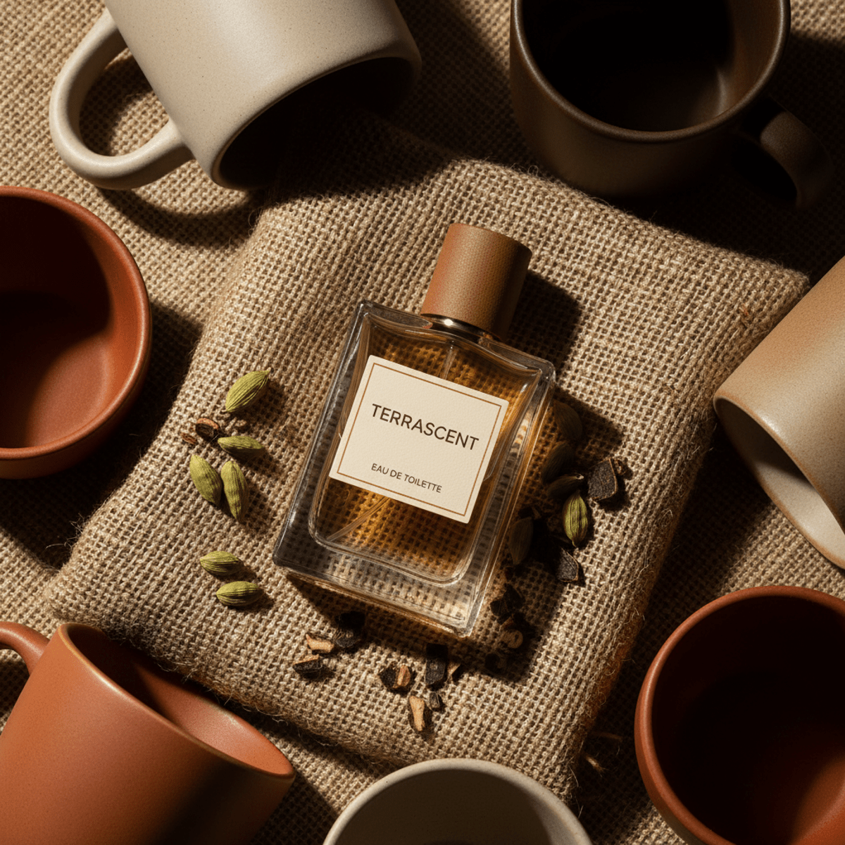 Elegant amber cologne bottle with matte cap on burlap, surrounded by coffee mugs and spices.