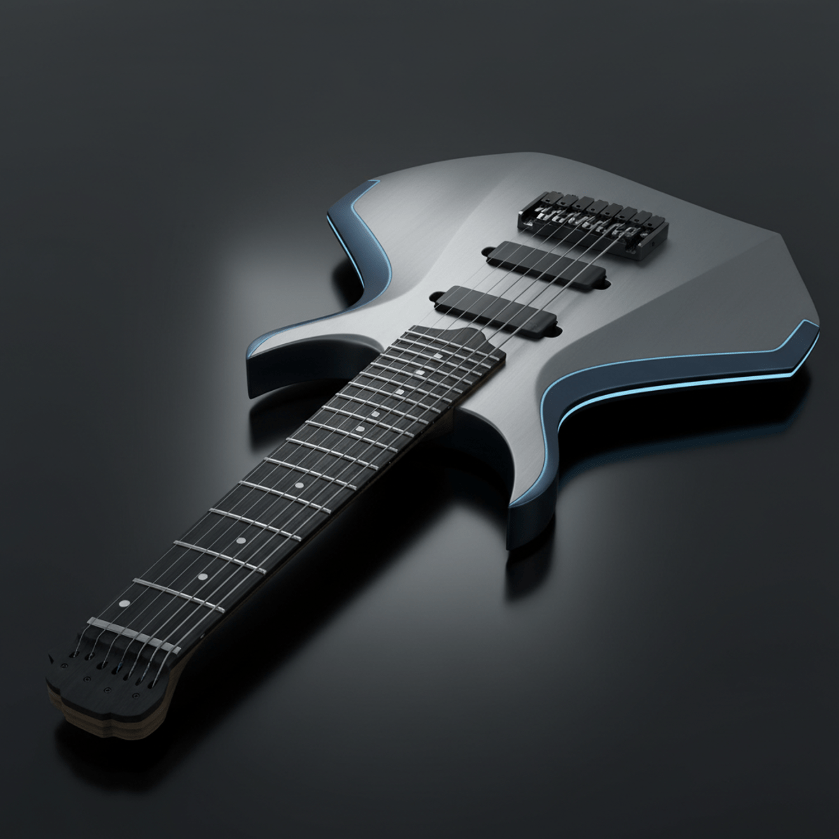 Futuristic baritone guitar with fanned frets and headless design on a dark reflective surface.